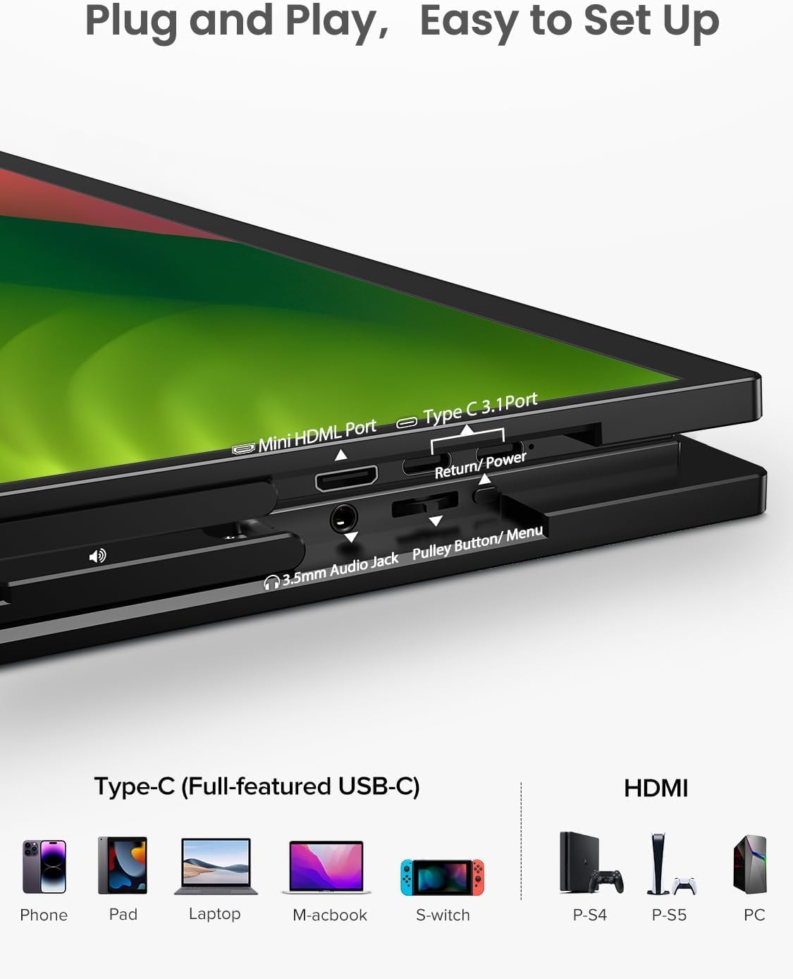 EVICIV Portable Monitor Touch Screen 18.5 Inch 120Hz Portable Display Gaming 1080P 1500:1 IPS Mobile Screen USB C Mini HDMI for Laptop/PC/Phone/Business/Work/Gaming - QUORE