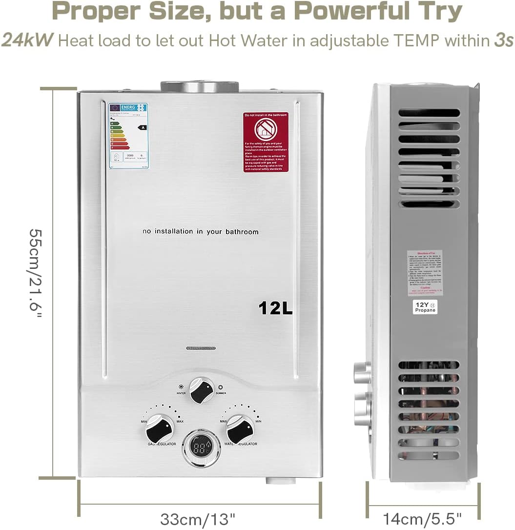 12 LPM, doorstroomboiler, 24 kW, LPG, doorstroomboiler met laagste beschikbare waterdruk van 0,2 bar, geschikt voor propaan en butaan, voor thuis, campers, cabines, schuren