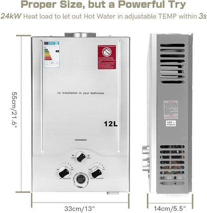 12 LPM, doorstroomboiler, 24 kW, LPG, doorstroomboiler met laagste beschikbare waterdruk van 0,2 bar, geschikt voor propaan en butaan, voor thuis, campers, cabines, schuren