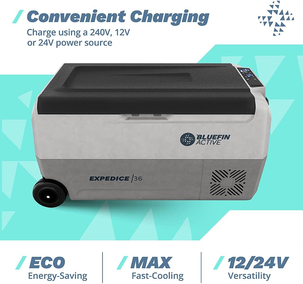 Bluefin Active Draagbare Koelbox | Geavanceerde Koel- en Vriestechnologie | Energiebesparend Opladen | Dubbele Compartimenten| Smartphone App-Bediening | LCD-scherm | AC & DC