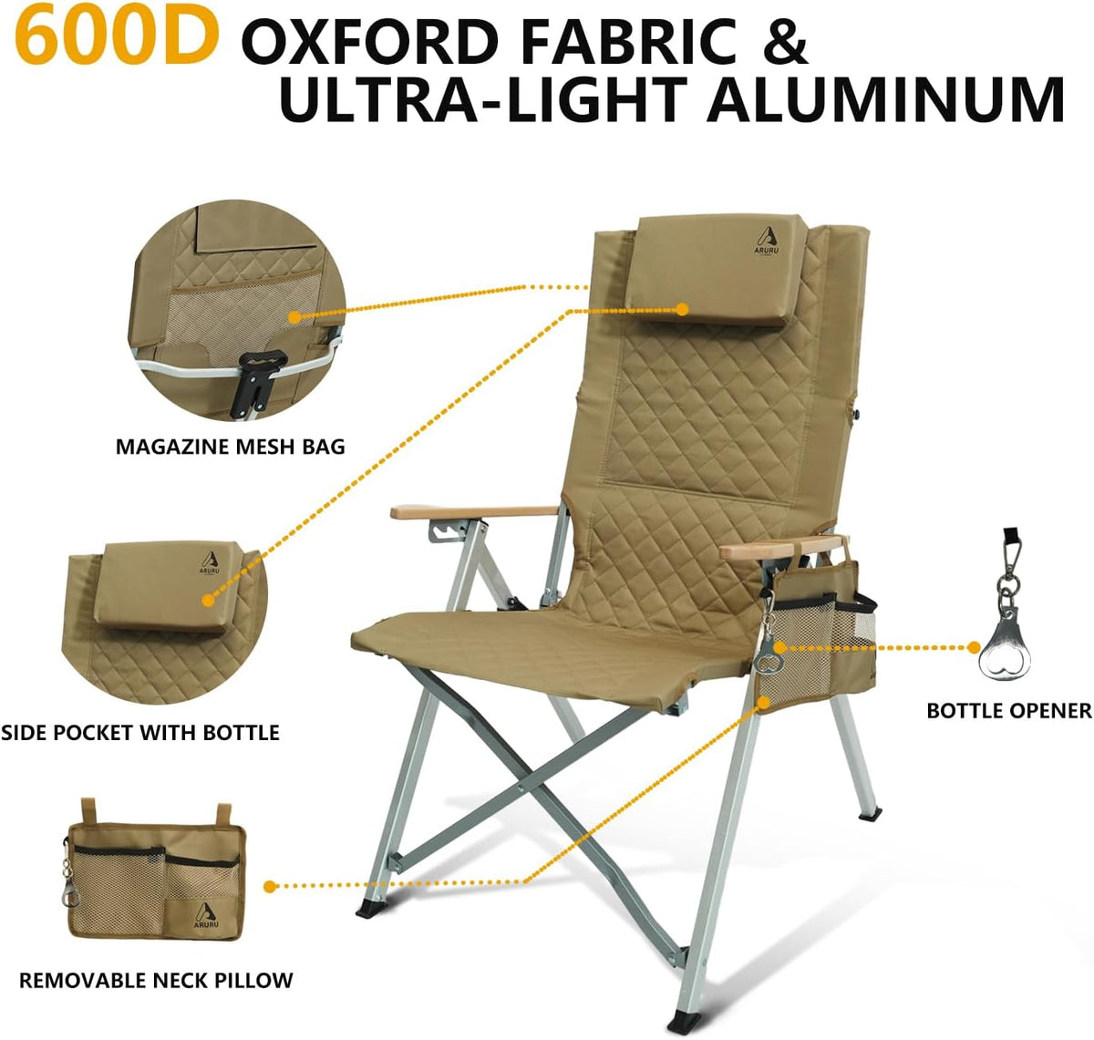 Campingstoel, opvouwbaar, hoge rugleuning, verstelbaar in 4 posities, tot 150 kg, klapstoel, tuinstoel, bekerhouder met zijvak, visstoel, outdoor, voor camping, tuin, balkon (kaki, 2 stuks)