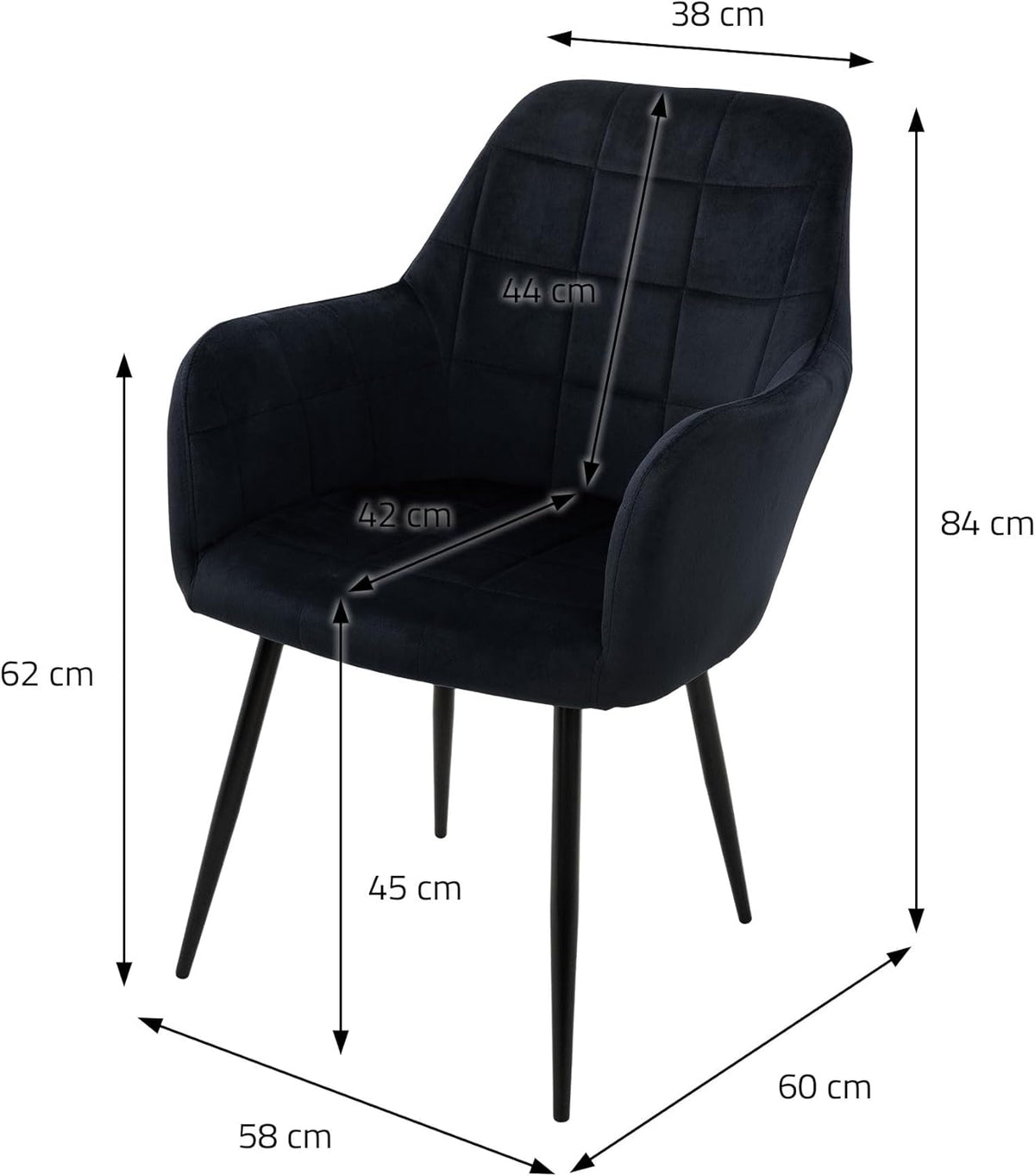 ECD Germany Set of 6 Dining Chairs with backrest and armrests Black Velvet Seat Metal Legs Kitchen chairs Living room chairs Living room chairs Upholstered chairs Armchairs Armchairs