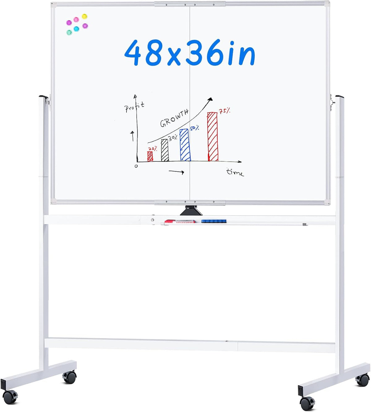 maxtek Rolling whiteboard, 48 x 36 cm, groot magnetisch wit bord met standaard, groot dubbelzijdig wit bord, droog wissen op wielen, voor thuisonderwijs, thuiskantoor, kantoor, school (zilver, 48 x 36