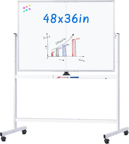 maxtek Rolling whiteboard, 48 x 36 cm, groot magnetisch wit bord met standaard, groot dubbelzijdig wit bord, droog wissen op wielen, voor thuisonderwijs, thuiskantoor, kantoor, school (zilver, 48 x 36