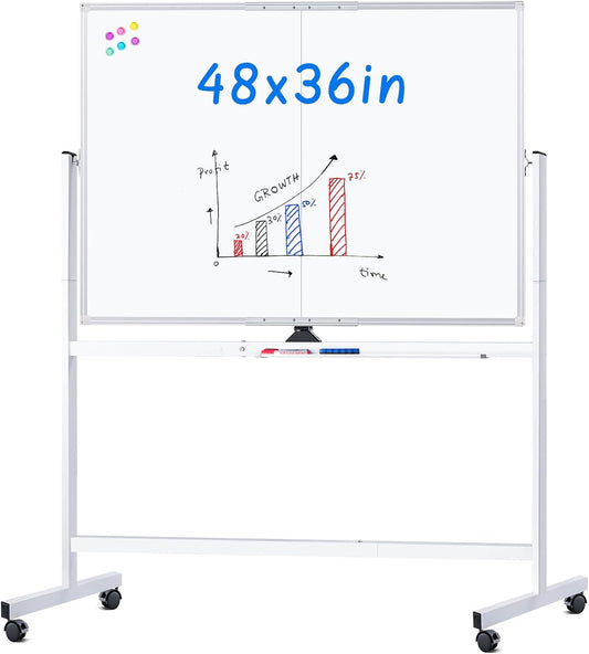 maxtek Rolling whiteboard, 48 x 36 cm, groot magnetisch wit bord met standaard, groot dubbelzijdig wit bord, droog wissen op wielen, voor thuisonderwijs, thuiskantoor, kantoor, school (zilver, 48 x 36