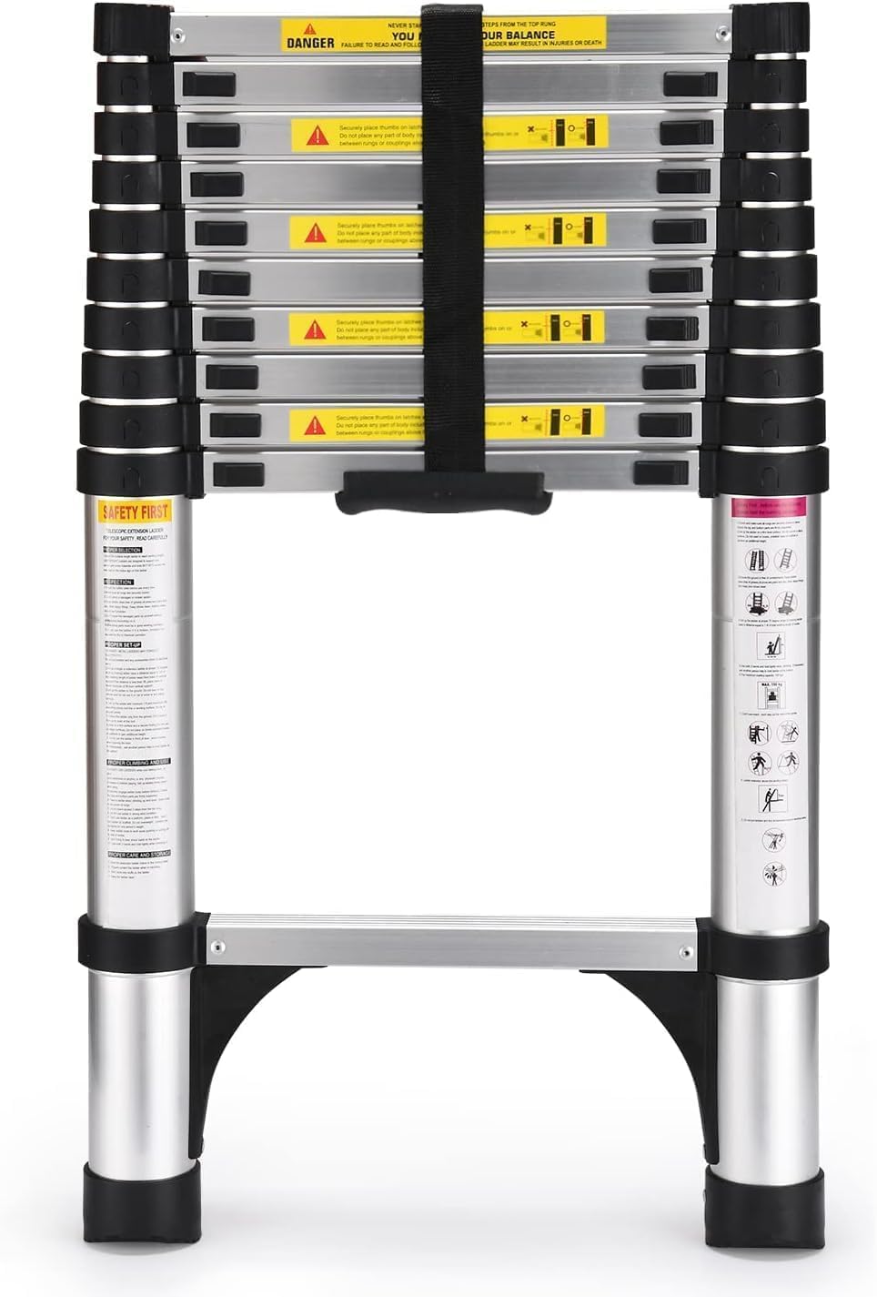 HBTower Telescopische ladder met antislipvoeten, 6,3 m verdikte aluminium uitschuifbare ladders met hoge sterkte, verstelbare hoogte, inklapbare ladder voor caravanzolders, buiten en interieur, zilver