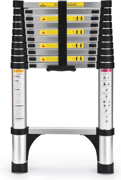 HBTower Telescopische ladder met antislipvoeten, 6,3 m verdikte aluminium uitschuifbare ladders met hoge sterkte, verstelbare hoogte, inklapbare ladder voor caravanzolders, buiten en interieur, zilver