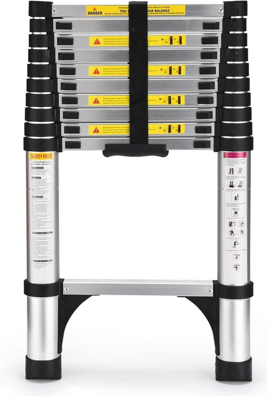 HBTower Telescopische ladder met antislipvoeten, 6,3 m verdikte aluminium uitschuifbare ladders met hoge sterkte, verstelbare hoogte, inklapbare ladder voor caravanzolders, buiten en interieur, zilver