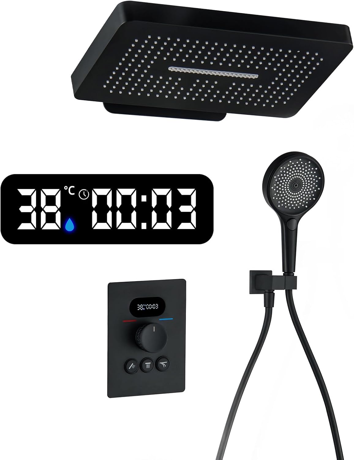 Thermostatische douchezuil, zwarte douchezuil met digitaal led-display, regendouchekop, handdouche met 3 modi, modern systeem voor badkamer, koper