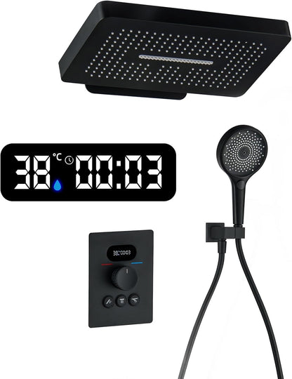 Thermostatische douchezuil, zwarte douchezuil met digitaal led-display, regendouchekop, handdouche met 3 modi, modern systeem voor badkamer, koper
