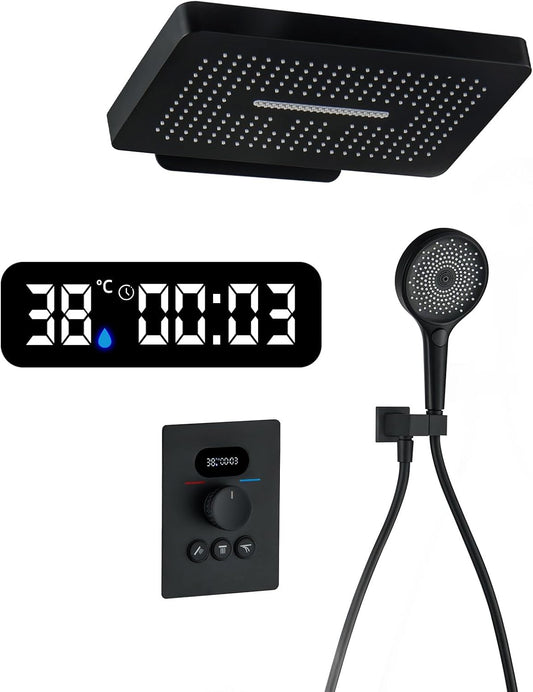 Thermostatische douchezuil, zwarte douchezuil met digitaal led-display, regendouchekop, handdouche met 3 modi, modern systeem voor badkamer, koper