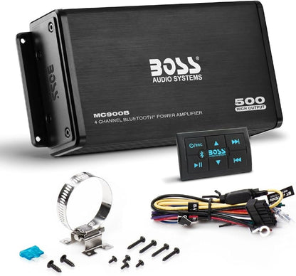 KIT SET VOOR BOSS AUDIO SYSTEMS MC900B, 1 Versterker 4-kanaals Bluetooth Marine, 500 Watt Max., Full-range, Klasse A/B, met Verlichte Multifunctionele Controller, 1 stuk