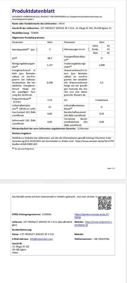 HAVA 2025 NIEUWE Vaatwasser met waterontharder en verhoogde energie-efficiëntie, vaatwasser met 8 programma's, kinderbeveiliging & vertraagde start, geen installatie vereist'