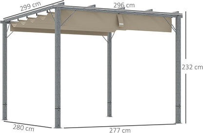 Outsunny Pergola in approx. 3x3m Garten Pavillon mit magnetischen Pad, Terrassendachung aus Aluminium, Gartenpavillon mit verstellbares Dach, Freistehend, UV Schutz 30+, für Terrasse und Garten, Grau - QUORE
