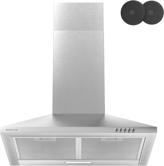 Afzuigkap voor de keuken, 60 cm, 370 m³/u, inclusief koolstoffilter, 3 snelheden, ledverlichting, afvoer en recycling, zwarte wandafzuigkap