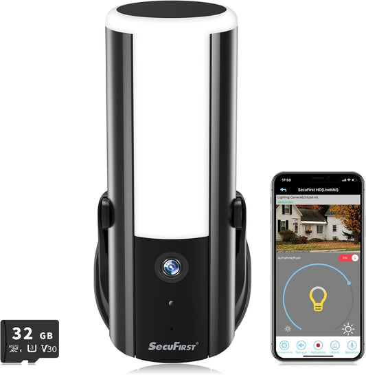 SecuFirst bewakingscamera voor buiten met LED buitenverlichting, met bewegingsmelder, dimbare helderheid (900lm), aluminium camera bewaking outdoor, KI-herkenning, WLAN, 2K, 32GB SD-kaart,