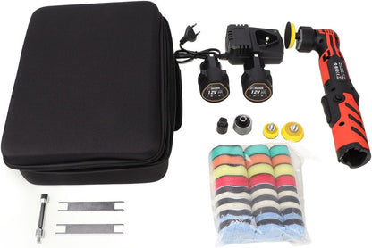 12V Mini Polijstmachine Accu Polijstset – 6-versnellingen, 5mm & 12mm Excentrische, Borstelloze Motor, 2x 2000mAh Accu, Snelwisselsel voor Autoverzorging, Meubels, Detailreiniging