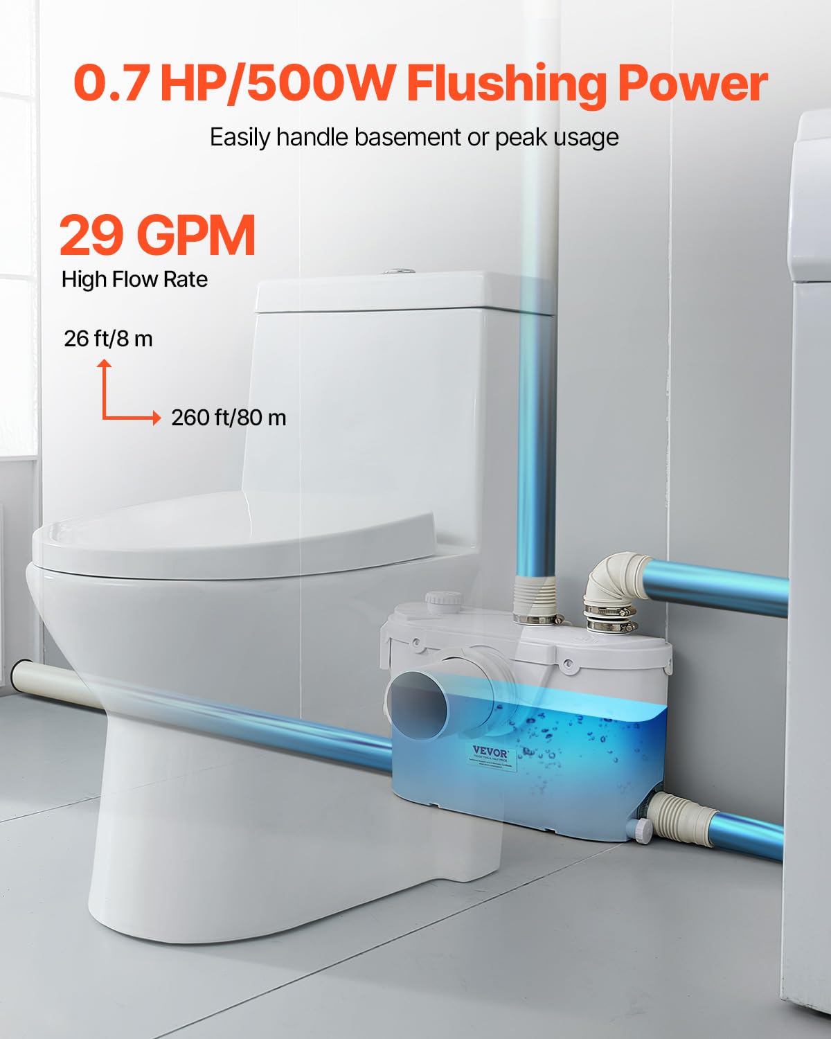 VEVOR 500 W Toilet Reducer Pump 8 m with 4 Water Inputs, Wastewater Drainage Machine for Toilet, Basement, Shower, Washbasin, Laundry