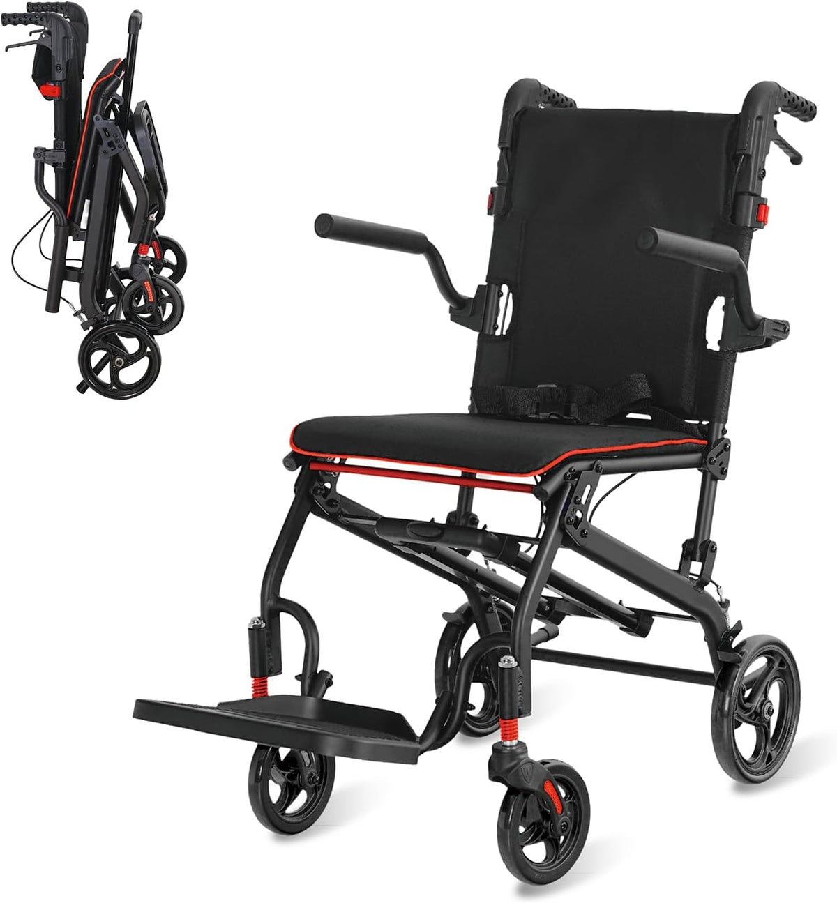 Rolstoel, opvouwbaar, licht, aluminium, inklapbaar, transport, rolstoelen, smalle rolstoel, ergonomisch design, compact voor reizen en woning, belastbaarheid 100 kg (Zwart)