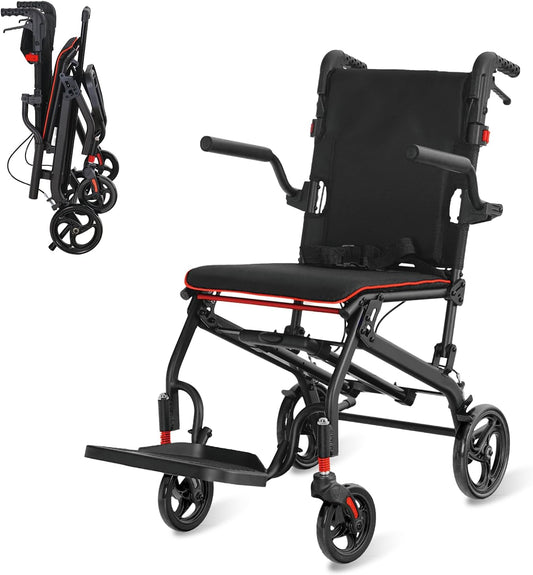 Rolstoel, opvouwbaar, licht, aluminium, inklapbaar, transport, rolstoelen, smalle rolstoel, ergonomisch design, compact voor reizen en woning, belastbaarheid 100 kg (Zwart)
