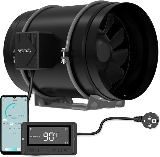 Aygrochy 200mm App gecontroleerde Buisventilator, uitlaatventilator met temperatuur- en vochtigheidsregelaar, afzuigventilator voor booster, groeitenten, ventilatie en afvoerventilator.