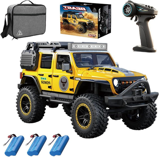RC Crawler – RC Auto – Offroad Truck – Klimwagen – Afstandsbediening – Geel – 1:20 Schaal – Brushless Motor – 4x4 Vierwielaandrijving – Waterdicht – 3 Batterijen - QUORE