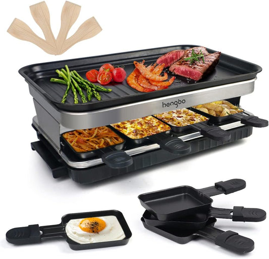 Raclette Raclette Grill 4 6 8 Personen Elektrische Fondue-machine, 1500 W, met anti-aanbaklaag, handgrepen, 8 mini-pannen, 4 houten spatel