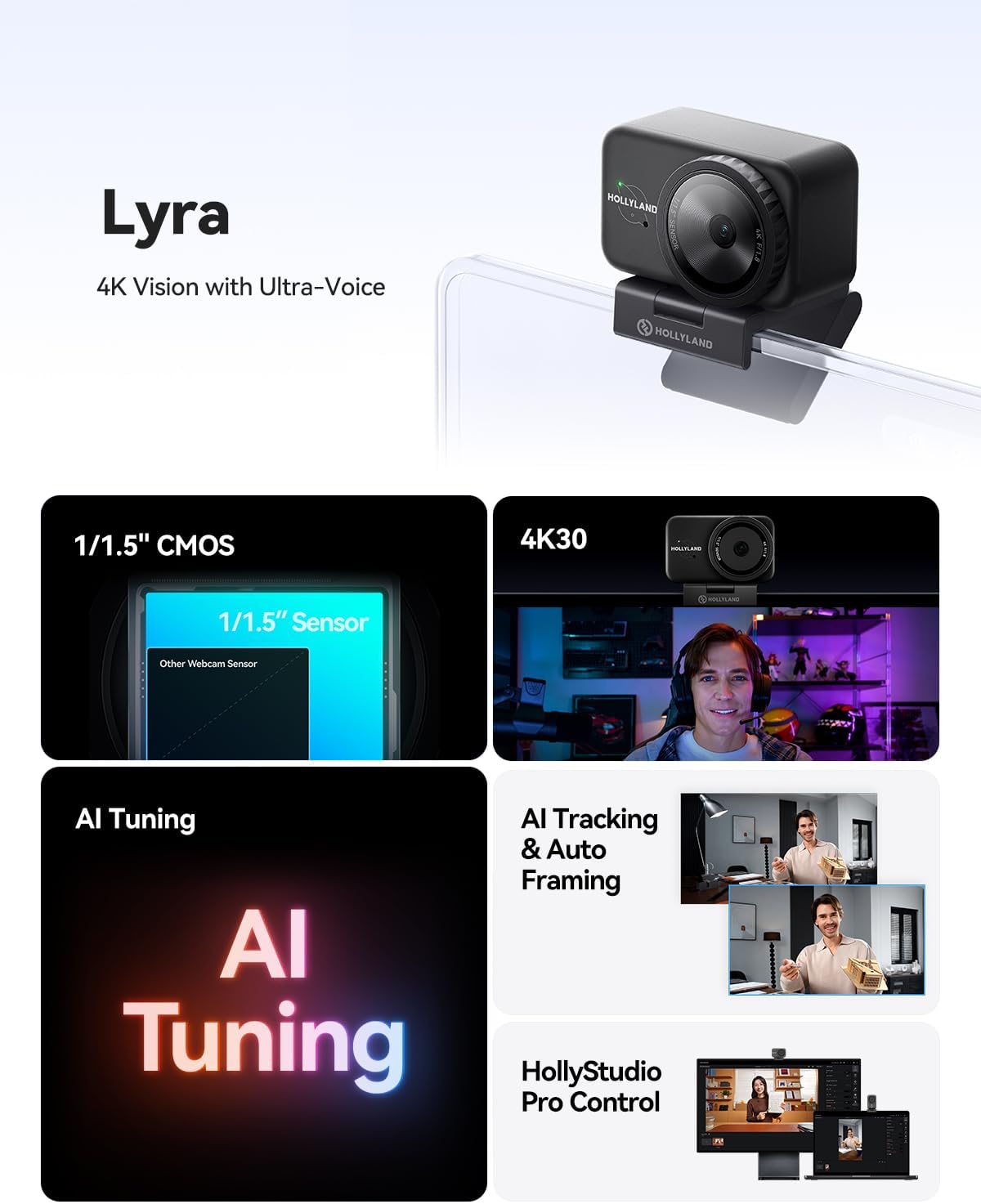 Hollyland Lyra Webcam: UHD 4K Webcam voor PC/Mac, 1/1.5" Sensor, Autoframing, PDAF, HDR - Ideaal voor Live Streaming, Videobellen & Gamen - Werkt met Zoom, Teams, Twitch en Meer