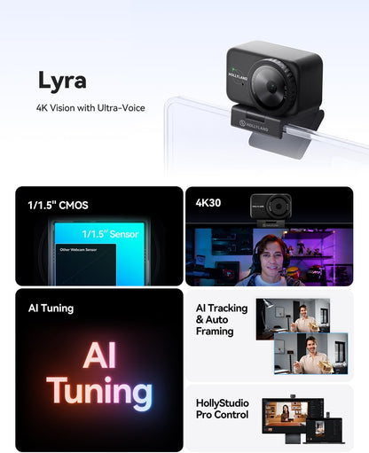 Hollyland Lyra Webcam: UHD 4K Webcam voor PC/Mac, 1/1.5" Sensor, Autoframing, PDAF, HDR - Geschikt voor Live Streaming, Videobellen & Gamen - Werkt met Zoom, Teams, Twitch en Meer (Lark A1+Lyra)