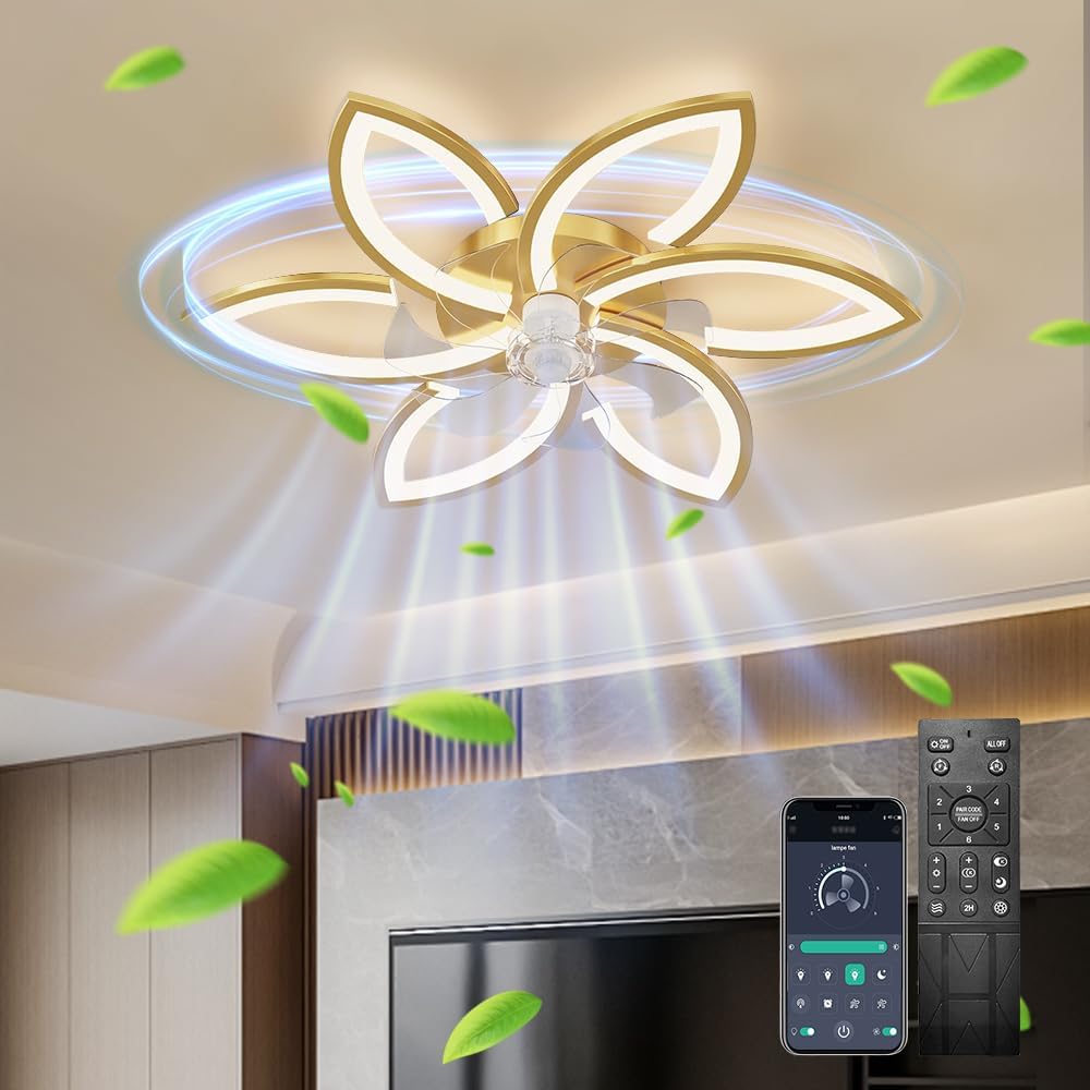 Stille plafondventilator met licht, plafondventilator met afstandsbediening en verlichting APP dimbare helderheid 70W creatieve acryl bloem vorm plafondlamp met ventilator (Goud)