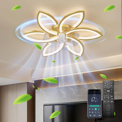 Stille plafondventilator met licht, plafondventilator met afstandsbediening en verlichting APP dimbare helderheid 70W creatieve acryl bloem vorm plafondlamp met ventilator (Goud)