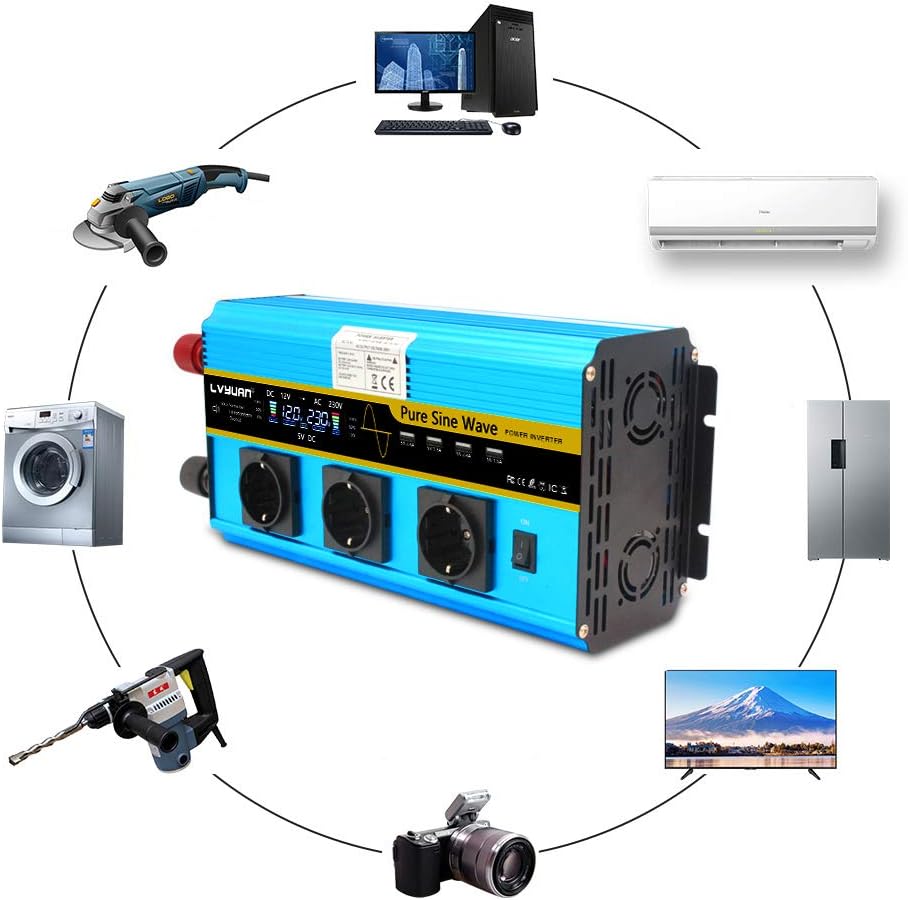 Pure Sine Wave Inverter Power Inverter 2500W / 5000W DC 12V naar AC 230V / 240V converter met LCD-display 3 EU-uitgangen & 4 USB-poortinverter voor auto Caravan RV kampeerboot