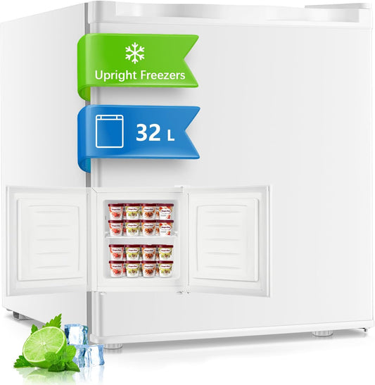 FOHERE Mini Freezer, 32L, Small Freezer with Reversible Door, Quiet, 7 Adjustable Thermostats for Hotel/Dormitory/Home/Office, Black - QUORE