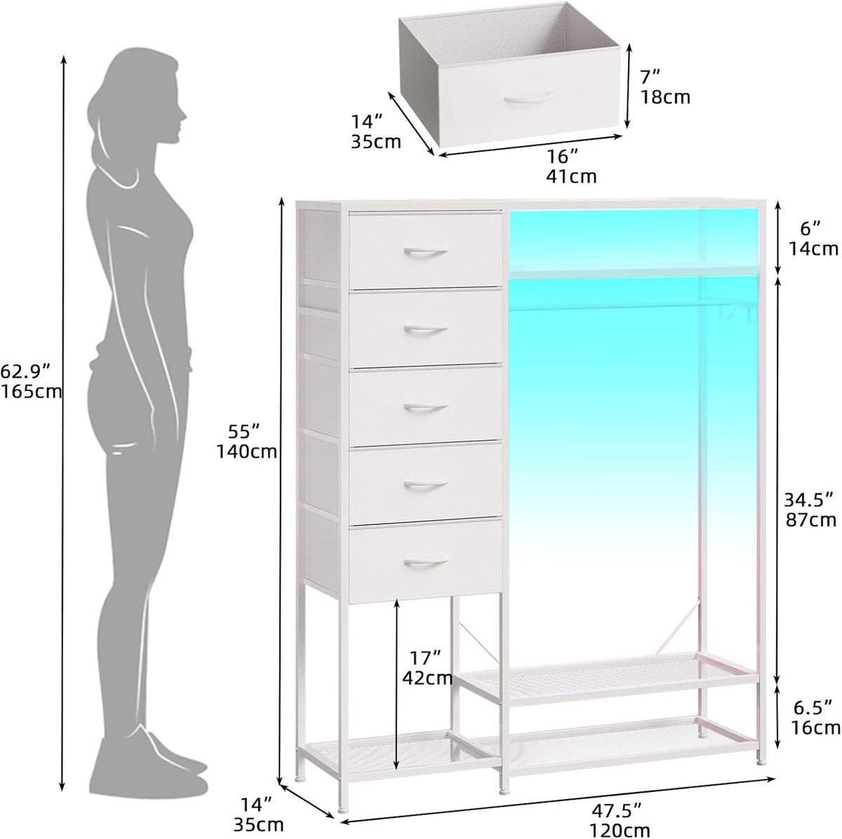 Trironsun Commode met 5 laden, kledingstang, LED-verlichting, laadstation, stoffen commode met houten plaat voor slaapkamer, woonkamer of kinderkamer (wit)