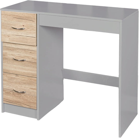 URBNLIVING 3 Drawer Wooden Bedroom Dressing Table (Grey Carcass + Oak Drawers) - QUORE