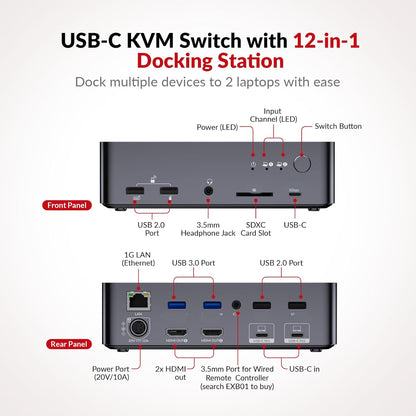 AV Access Docking Station KVM-switch 2 monitoren 2 laptops, 4K KVM dubbel scherm, 2 USB-C MST-poorten, 60 W PD voor elke pc, 1G Ethernet, EDID-emulatie, 2K @144Hz, 1080P@240Hz, perfect voor