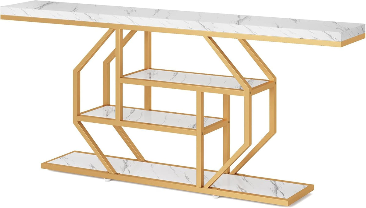 Tribesigns 180cm Extra Long Console Table, Modern Gold Behind Sofa Coffee Table with Storage, 4 Stage Entrance Table for Living Room, Hallway, Entrance, Faux Marble, White