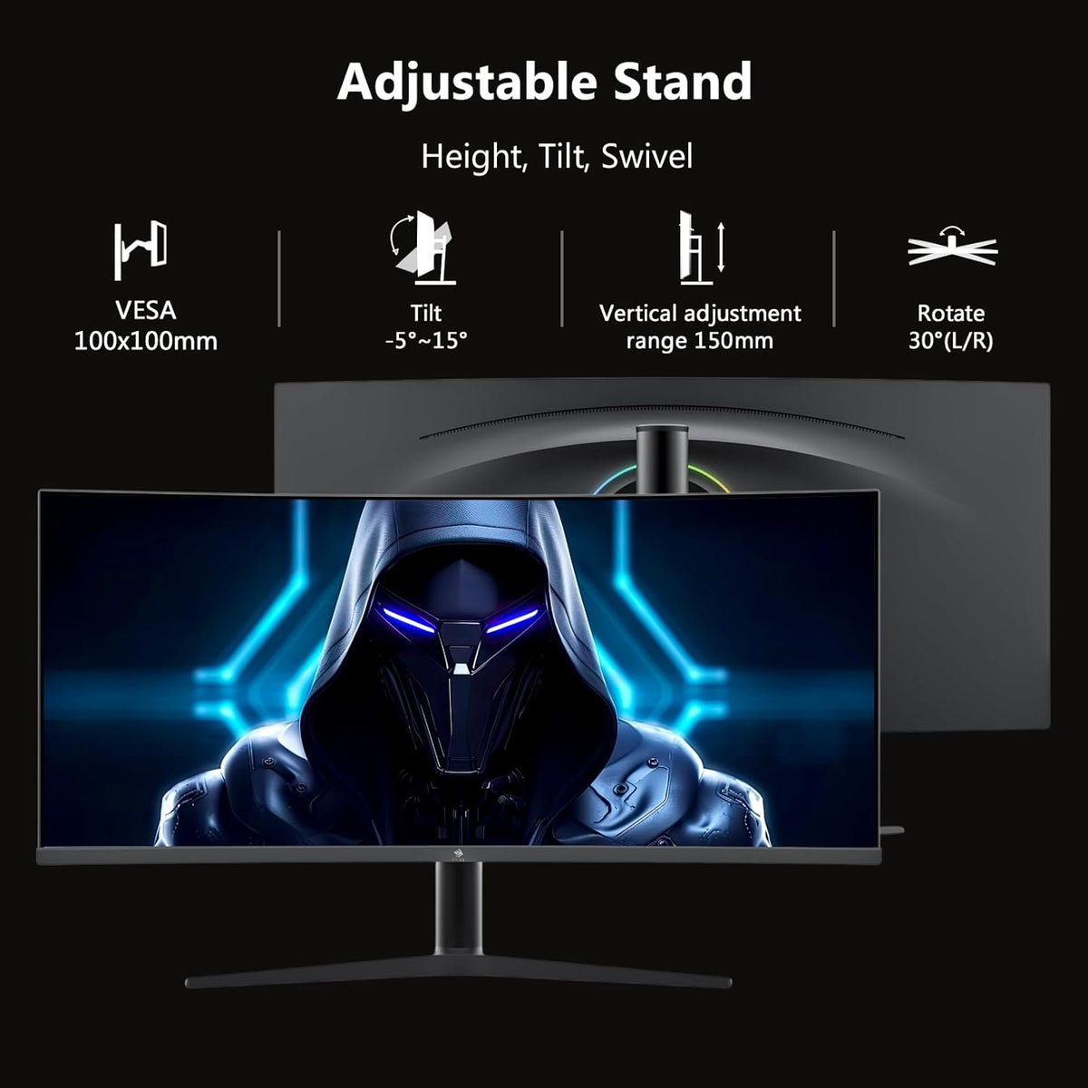 Z-Edge 34'' Curved Gaming Monitor, 3440x1440, 165Hz (DP1.4×2), IPS, 96% DCI-P3, 1ms, 21:9, Height Adjustable/Tilt, Rotary, 100Hz (HDMI2.0×2), FreeSync, VESA (DP cable included)