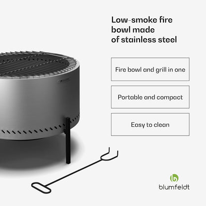 blumfeldt Ignite Pure vuurschaal - bijna rookvrij, roestvrijstalen frame, draagbaar en compact, incl. grillrooster en regenbescherming, gemakkelijk schoon te maken, perfect voor tuin & camping