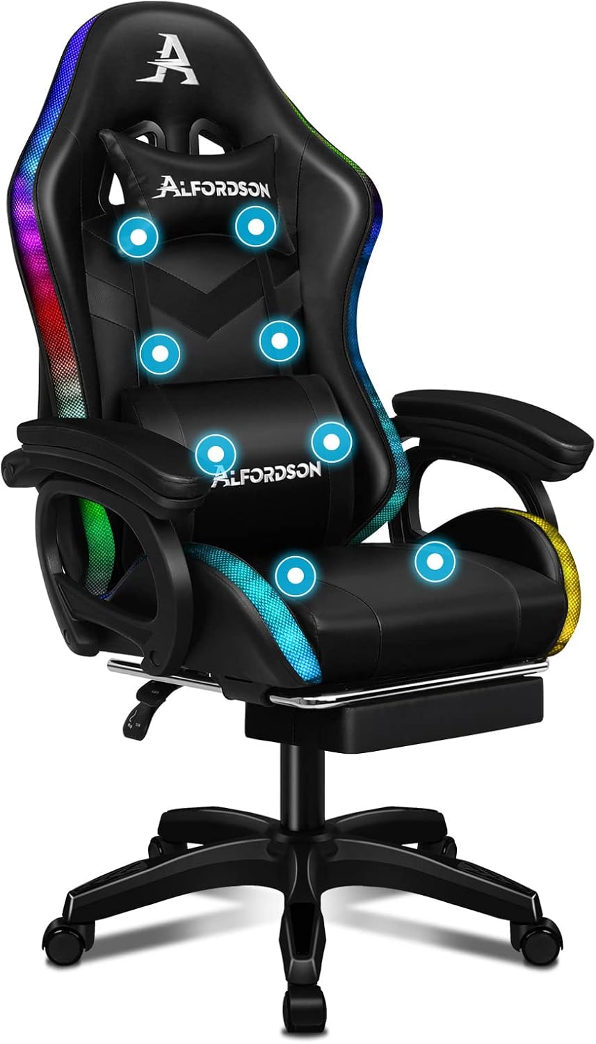 ALFORDSON Gaming Chair with 8-Point Massage, 12 Colours, RGB LED Light, Ergonomic Gaming Chair with Footrests, Headrest, Lumbar Cushion for Children and Adults, Black - QUORE
