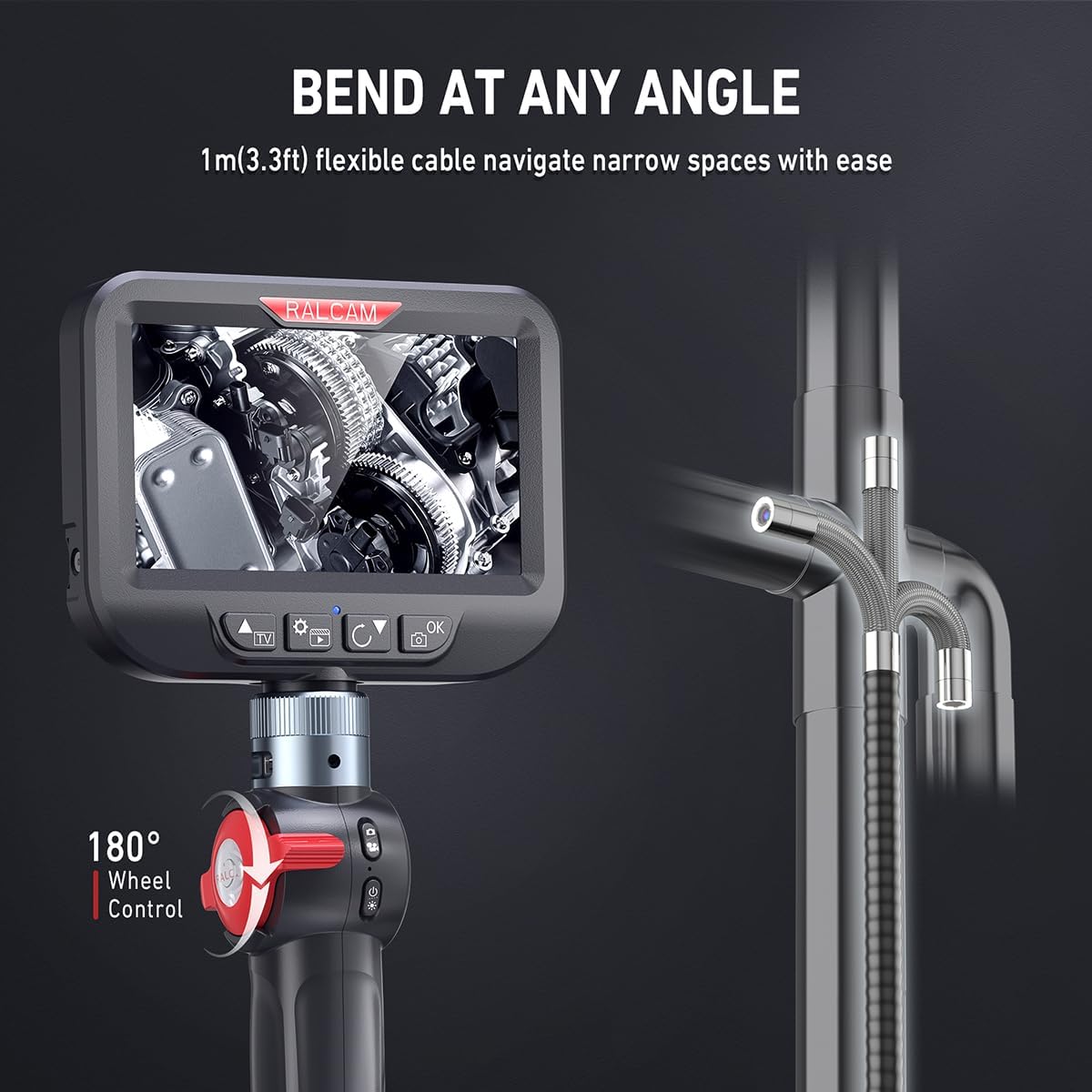 Ralcam Endoskopkamera mit Licht Endoscope Camera - Endoskop 8,5mm Inspektionskamera 4,3" HD 1080P Rohrkamera, Kameras mit 6 LED, IP67 Wasserdicht 1m Flexible Kanalkamera Teleskopkamera Kfz Werkzeug