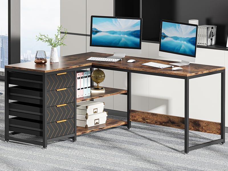 Tribesigns L-Shaped Computer Desk with Storage Drawers, 59 Inch Corner Desk with Shelves, Reversible L Shape Office Desk, Study Writing Desk, Home Office Workstation, Brown