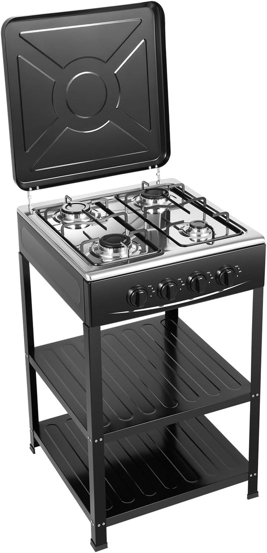 OUKANING 4-Flame Gas Stove Freestanding, Portable Outdoor / Indoor Gas Hob with Wind Protection and Dust Protection, Manual Flammable (Lpg/Ng), Non-Slip Feet and Heat Dissipation (Black) - QUORE