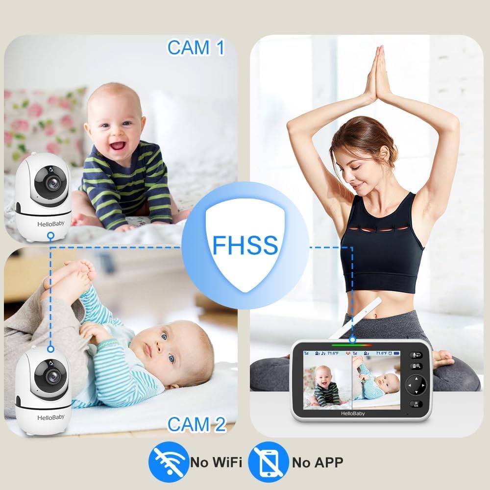 HelloBaby Babyfoon met Camera en Nachtzicht, 5 '' Display met 30 uur Batterij, Pan-Tilt-Zoom Video Babyfoon Geen WiFi, 2-Weg Gesprek, Temperatuur, 8 Slaapliedjes en 300 m Bereik