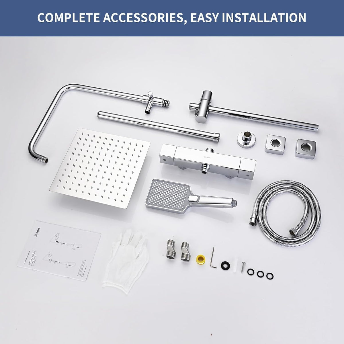 Douchesysteem met Thermostaat, Roestvrijstalen Douchearmatuur, met 25 cm Vierkante Overhead Regendouche, 3 Straalsoorten, Siliconen Handdouche, Hoogte Verstelbare Ddouchestang, Chroom