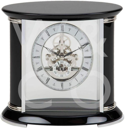Mantelklok – Tafelklok – Schoorsteenklok – Skeletklok – Open Wijzerplaat – Hoogglans Zwart Hout – Quartz Uurwerk