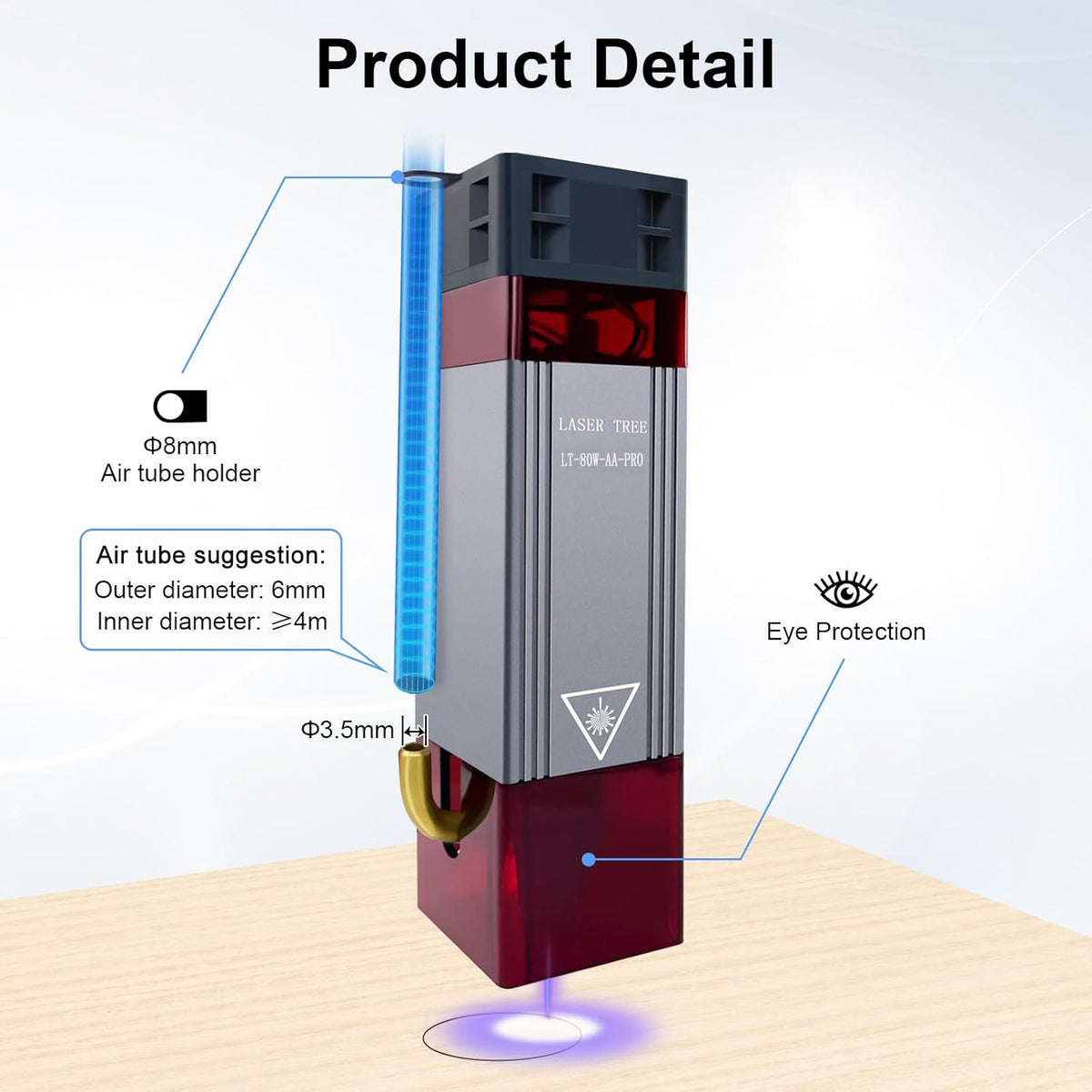 Verbeterde 10W lasermodule-kit met luchthulp en magnetische oogbescherming, LASER TREE 80W laserkop dubbele ultrafijne gecomprimeerde spot compatibel met lasergraveermachine, 12V