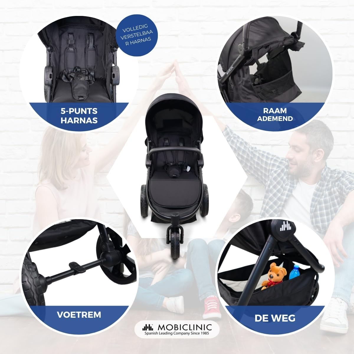 Mobiclinic® kids, Kinderwagen met 3 wielen, Agnes, All-terrain eenhandig handvat, 5-puntsgordel, Achterzak, Sportieve stijl, Eénklik-vouwsysteem, Xxl-mand, Tot 22 kg