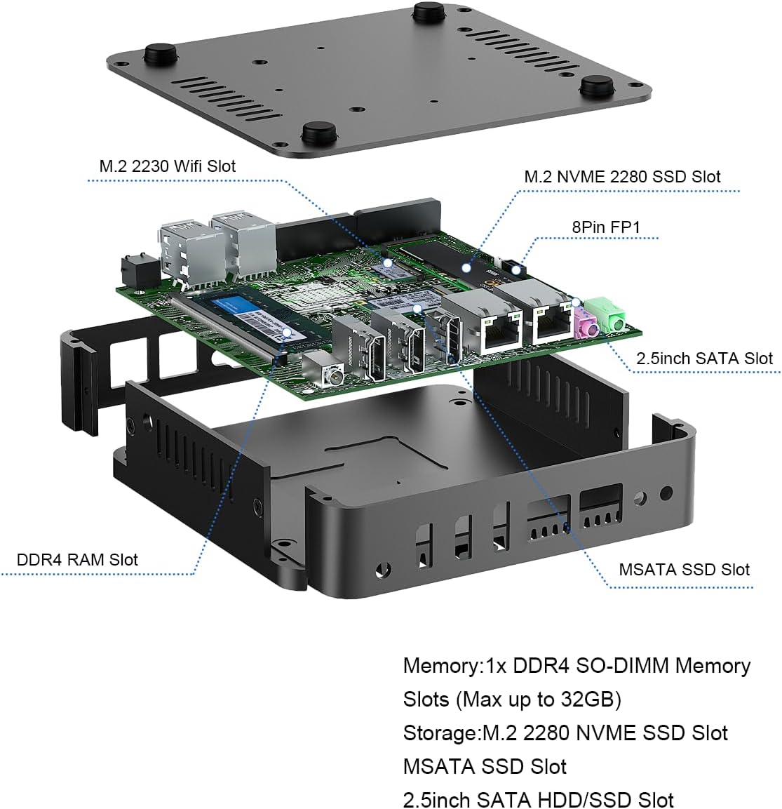 Fanless Mini PC Celeron J6412, Fanless Desktop PC, Dual HD, DP, 4K, 2xCOM, LAN RJ45, WiFi, BT4.2, Auto Power On, Use for Office/Home/Business, Industrial Server, 8GB RAM 128GB SSD - QUORE