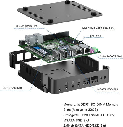 Fanless Mini PC Celeron J6412, Fanless Desktop PC, Dual HD, DP, 4K, 2xCOM, LAN RJ45, WiFi, BT4.2, Auto Power On, Use for Office/Home/Business, Industrial Server, 8GB RAM 128GB SSD - QUORE